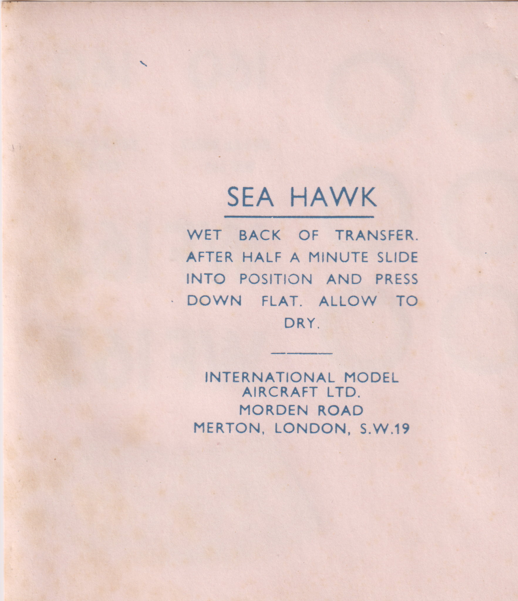 FROG ima ltd, 328P Hawker Sea Hawk, IMA 1956 decal paper backing